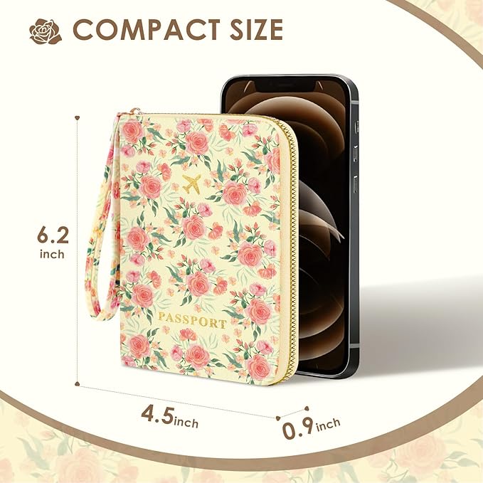 Passport Holder, Passport Holder For Travel, Passport Cover For Travel Essentials, Passport Wallet Cover RFID Blocking, Cute Passport Book for Women and Men, Pink Flowers