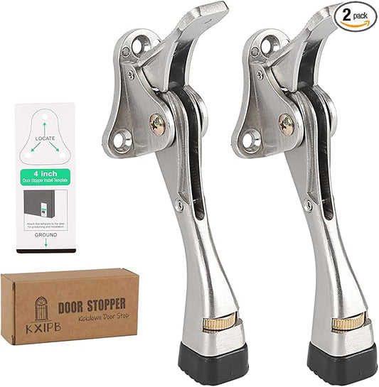 Kickdown Door Stopper 4 Inches - 2 Packs One Touch Adjustable Height Door Stop for The Bottom of Door Aluminum Alloy Metal Door Stopper with Rubber Tip & Wall Protectors for Wide Doors Nicke