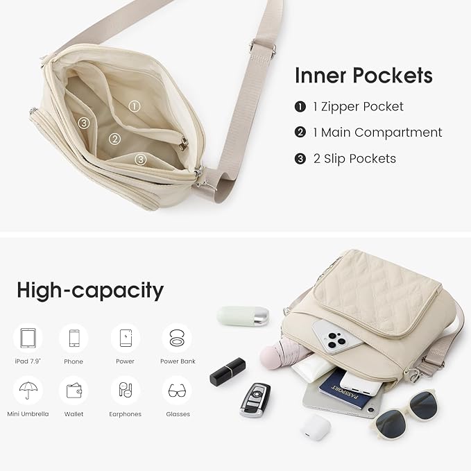 G4Free Anti-Theft Crossbody Bags for Women, Lightweight Nylon Shoulder Purse Medium Handbags for Travel Work-Beige