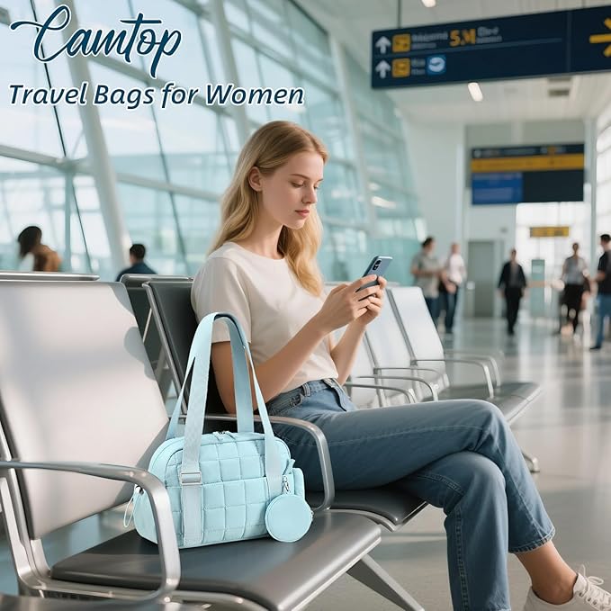 CAMTOP Mini Gym Bag for Women, Small Gym Tote Bag Puffy Quilted Sports Duffel Bag with Wet Compartment and Coin Purse Duffel Bags Dance Yoga Workout Bag for Gifts (Blue, Mini-12.6")