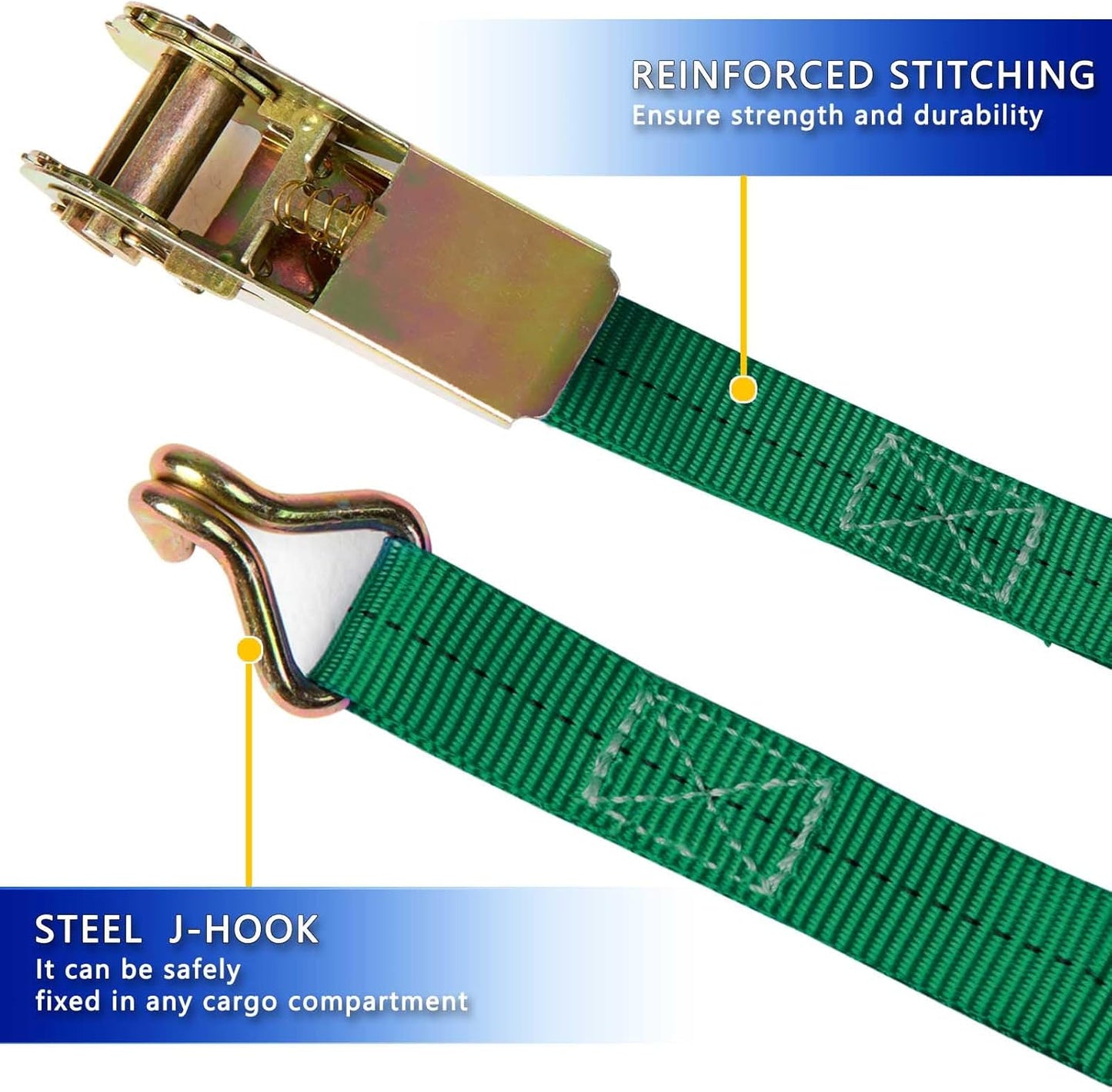 Ratchet Straps (4-Pack), 1 Inch x 16.4 Feet (2200lb Break Strength) with Sturdy Metal Hooks, 1x Work Gloves, Heavy Duty Tie Down Straps for Truck, Cargo Trailer, Motorcycle, Luggage, Moving (Green)