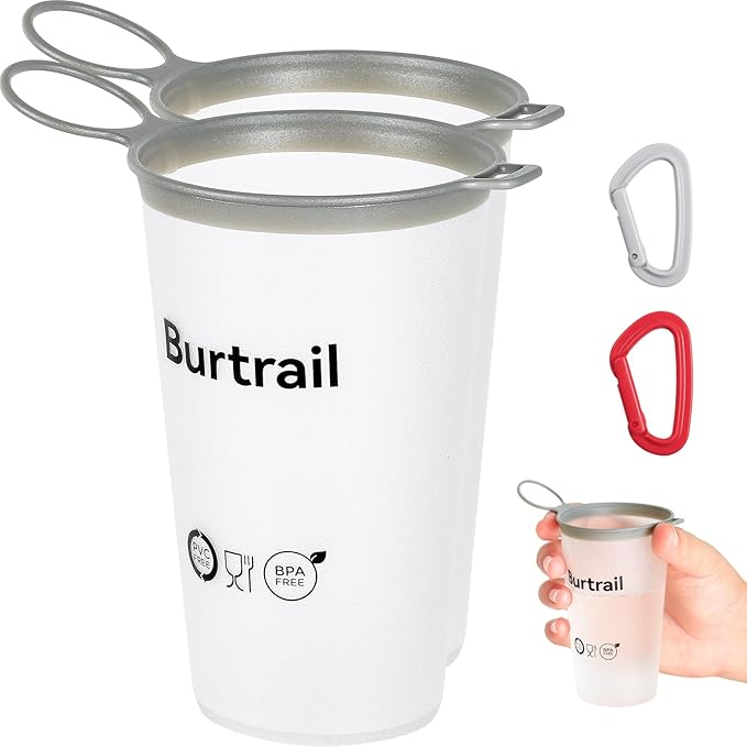 Collapsible Running Cup - 2 Pack with 2 Plastic Hooks(Gray&Red), 200ml BPA-Free Reusable Cups for Running, Marathon, Ultrarunning, White/French Gray