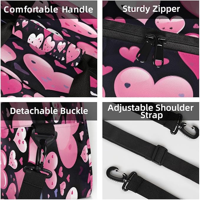 Pink Black Heart Pattern Sports Duffel Bags, Water-Resistant Gym Duffle Bag for Men Women, Lightweight Weekender Overnight Bag for Fitness, Workout, Travel