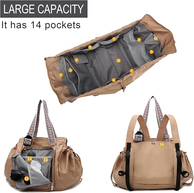 Everyday Bags for Women, Multifunctional Travel Organizer Bag, Large Capacity Tote Backpack, Large Diaper Bag with 15 Pockets, Crossbody and Shoulder Bag (khaki)