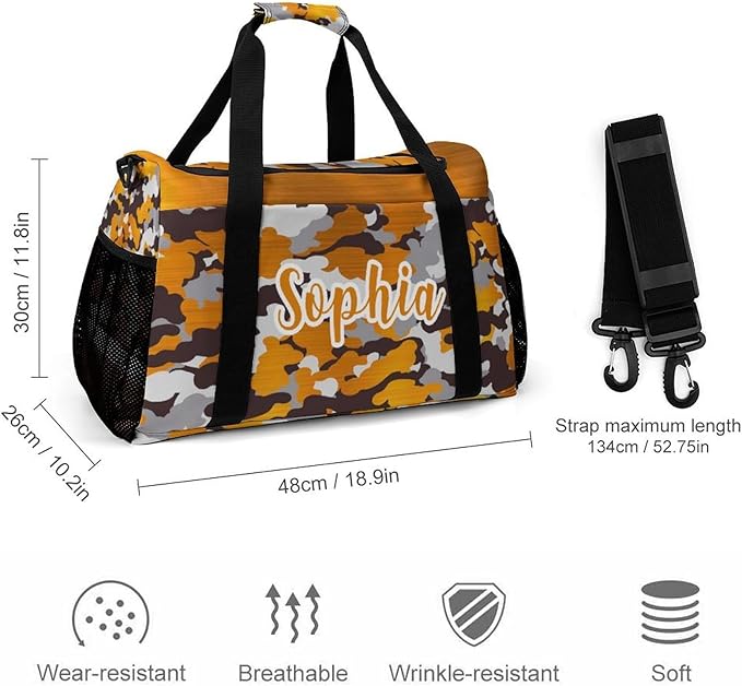 Waterproof Gym Bags Custom Orange Yellow Brown Camouflage Camo Duffel Bag with Name Adjustable Shoulder Strap Travel Bag for Teens Training Bag
