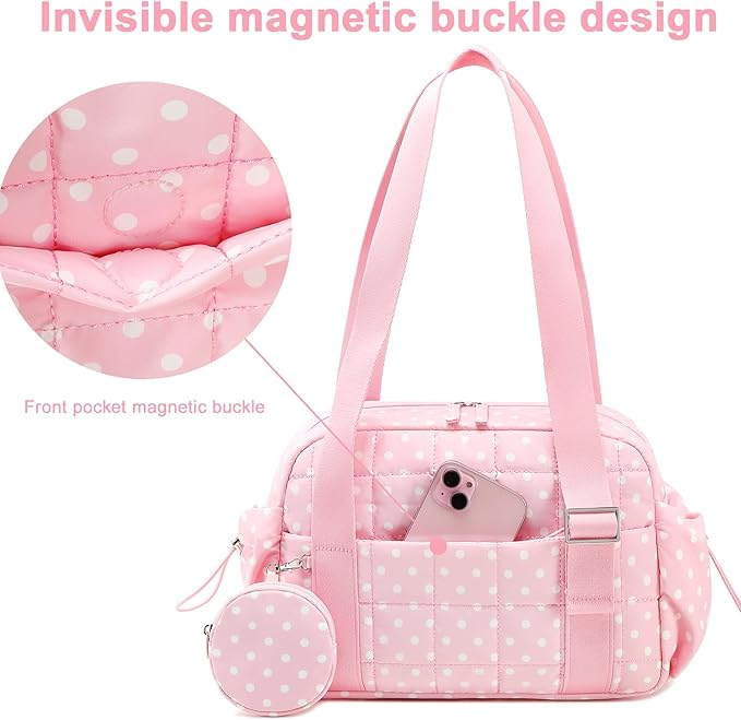 CAMTOP Mini Gym Bag for Women, Small Gym Tote Bag Puffy Quilted Sports Duffel Bag with Wet Compartment and Coin Purse Duffel Bags Dance Yoga Workout Bag for Gifts (Polka Dot Pink, Mini-12.6")