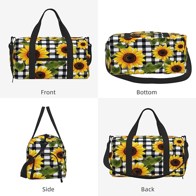 Sports Gym Bag Sunflowers Gingham Travel Duffel Bag With Shoe Compartment Shoulder Strap, Lightweight Water-Resistant Weekend Overnight Totes For Women Men