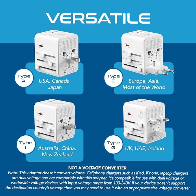 Ceptics Universal Travel Adapter for EU, UK, US, AU and More, 8 in 1 Travel Adapter, 2X US Socket, Universal Socket, 3X USB-C and 2X USB-A, 45W Fast Charge – UP-30KU-WH