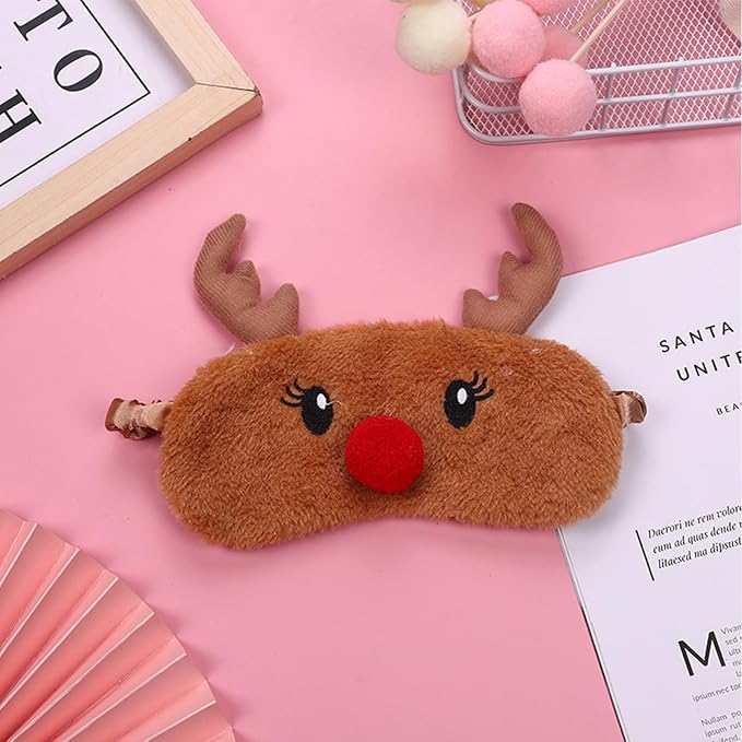 Cute Reindeer Plush Sleep Mask - Soft Fluffy Eye Cover Blindfold for Kids, Girls and Adults - Brown