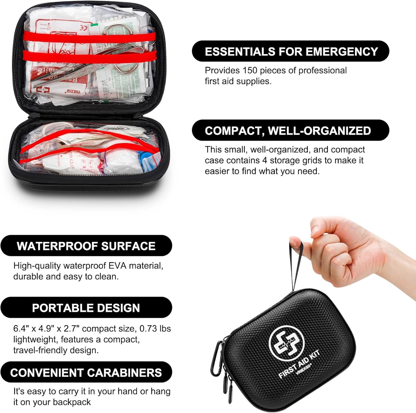 Mini First Aid Kit - 150 Piece Small Waterproof Hard Shell Medical Kit for Home, Car, Travel, Camping, Truck, Hiking, Sports, Office, Vehicle & Outdoor Emergencies (Black)