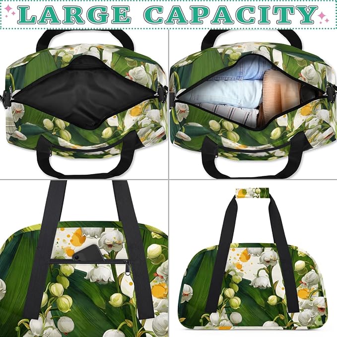Lovely Lily of the Valley Gym Travel Duffle Bag for Women & Men with Front Zipper Pocket for Sports, Overnight, Weekender, Carry On,Workout & Dance Bag,Cute White,18.9 * 8.7 * 10.6 in