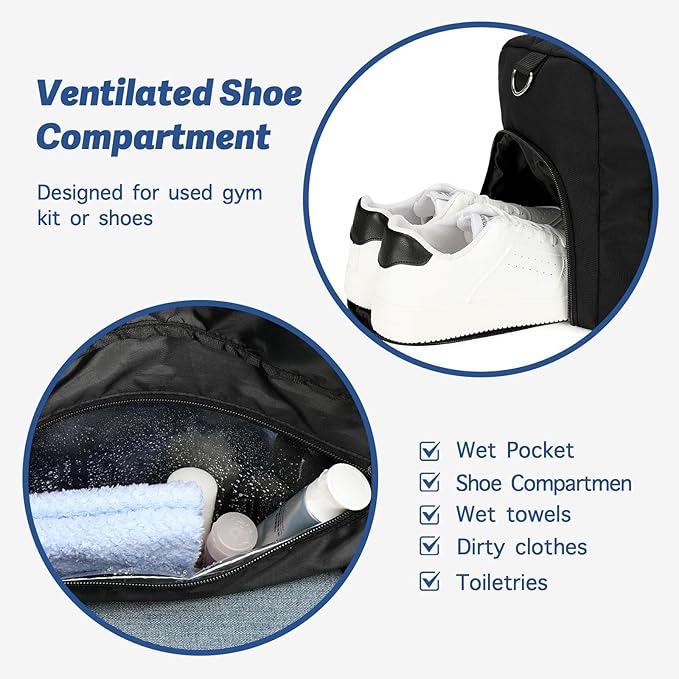 Gym Bags for Women & Men - Lightweight Travel Duffle Bag with Shoes Compartment & Wet Pocket, Durable Carry-on Weekend Bag, Medium