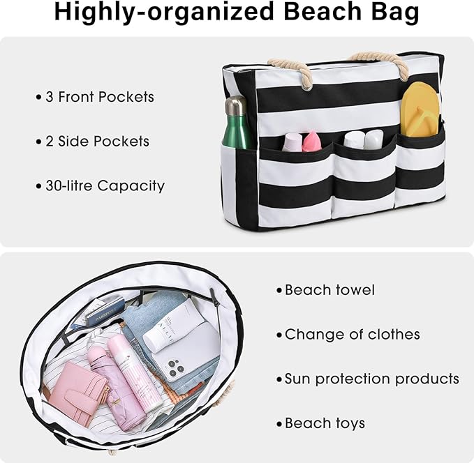 Becokan Beach Bags for Women Canvas Large Beach Tote Bag Zipper Waterproof Sandproof Foldable Swim Pool Bag with 7 Pockets