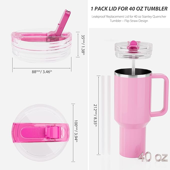 1 Pack Replacement Lid for Stanley 40 oz Quencher H2.0 & ProTour, Flip Straw Tumbler Lid for Stanley Cup, Leakproof, No Spill & Easy to Use Reusable Tumbler Cover(Passion Pink-1P)