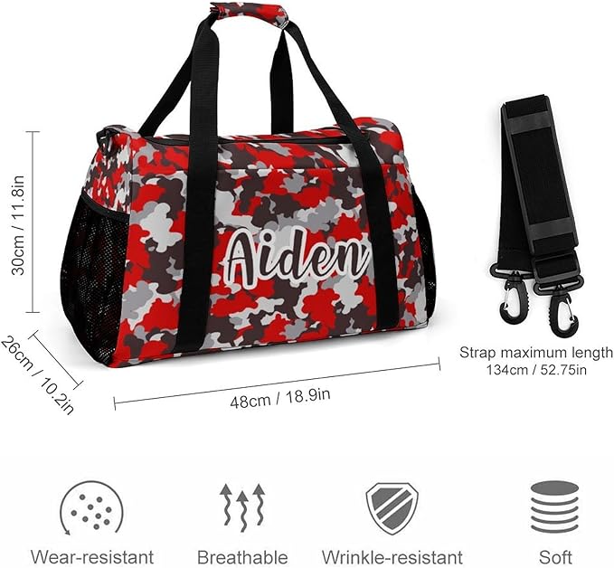 Personalized Red Camouflage Brown Camo Pattern Duffle Bag with Name for Women Man Custom Travel Perform Training Bag for Men Women Luggage Bag