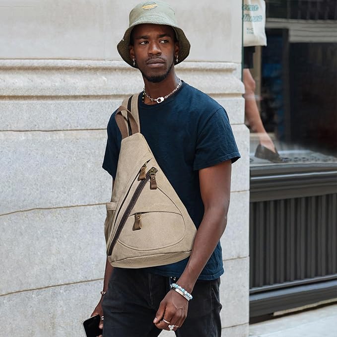 KL928 Canvas Sling Bag - Small Crossbody Backpack Shoulder Casual Daypack Rucksack for Men Women(Large Version,Khaki)