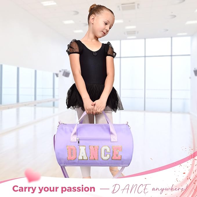Dance Bag for Girls, KUIRAN 23L Waterproof Travel Duffel Bag with Colorful Chenille Letter, Lightweight Small Gym Sport Ballet Weekender Bag with Large Main Compartment - Purple/Pink/White