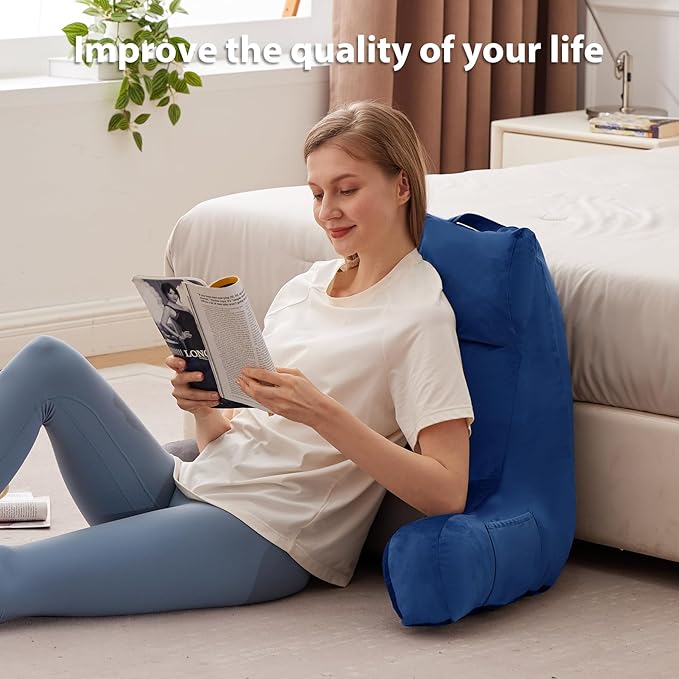 Reading Pillow with Arms for Adult, Back Pillow for Bed Sitting Up, Shredded Memory Foam Backrest Pillow with Pockets & Removable Washable Cover, Lounging, Watching TV, Reading(24" Navy Blue)