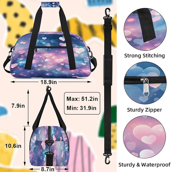 Pastel Heart Glitter Sports Duffel Bags, Water-Resistant Gym Duffle Bag for Men Women, Lightweight Weekender Overnight Bag for Fitness, Workout, Travel