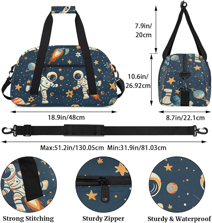 Rocket Astronaut Gym Travel Duffle Bag for Women & Men with Front Zipper Pocket for Sports, Overnight, Weekender, Carry On,Workout & Dance Bag,Cute Space,18.9 * 8.7 * 10.6 in