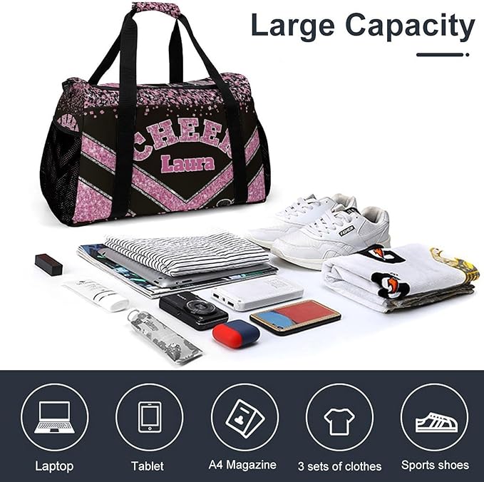 Personalized Cheer Bag Gifts for Girls Sport Cheerleading Gym Travel Duffel Bag Overnight Weekender Bags with Name (Pink)
