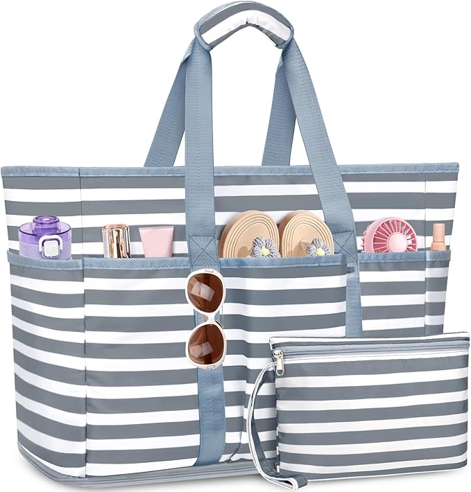 Large Beach Bag with Zipper, 12 Pockets Waterproof Sandproof Pool Bag Womens Mesh Beach Tote Bag for Travel Vacation