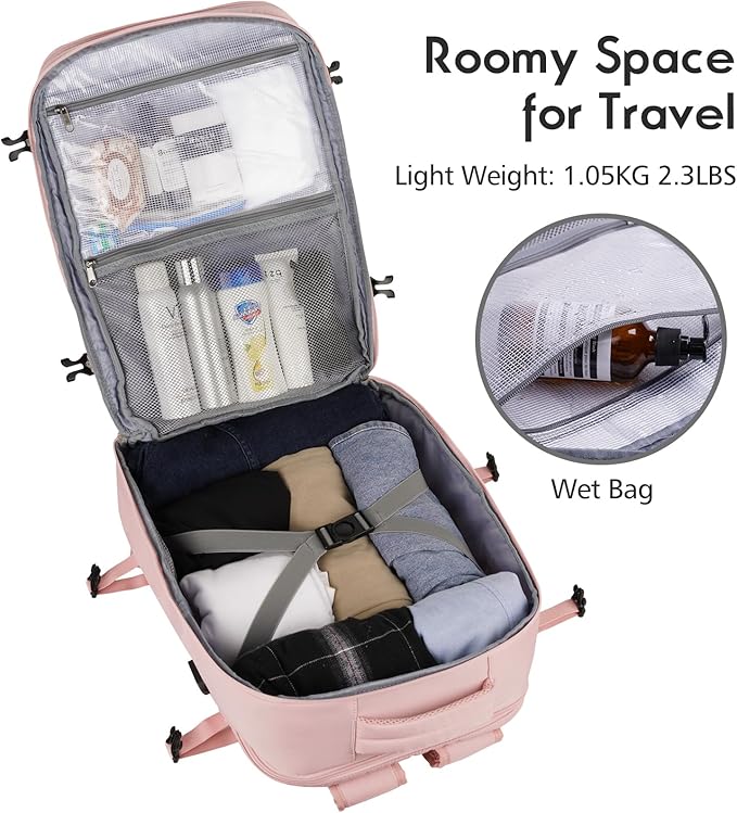 MOMUVO Large Travel Backpack Women, Flight Approved Carry On Backpack, Water Resistant Anti-Theft Large Casual Daypack Fit 17 Inch Laptop with USB Charging Port, Pink