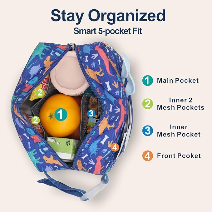 Bagseri Kids Snack Bag Boys - Small Reusable Mini Cooler Pouch, Insulated 3.9L Food Carrier with Buckle Handle for School and Daycare, Fits in Backpack, Blue Dinosaur