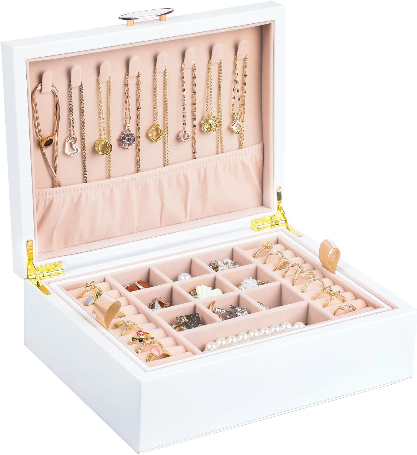 Small Jewelry Organizer for Women, 2-Layer Travel Jewelry Box with Portable Case, Necklace Ring Storage for Dresser, Girls Teens Gifts (White)