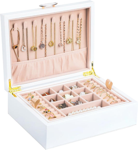 Small Jewelry Organizer for Women, 2-Layer Travel Jewelry Box with Portable Case, Necklace Ring Storage for Dresser, Girls Teens Gifts (White)