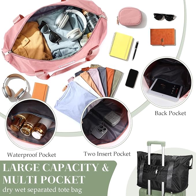 9 Pack Expandable Travel Bags Bulk, Foldable Duffel Bag for Travel Waterproof Shoulder Weekender Overnight Totes with Wet Pocket Sports Gym Totes Airport Carry on Luggage for Women Men
