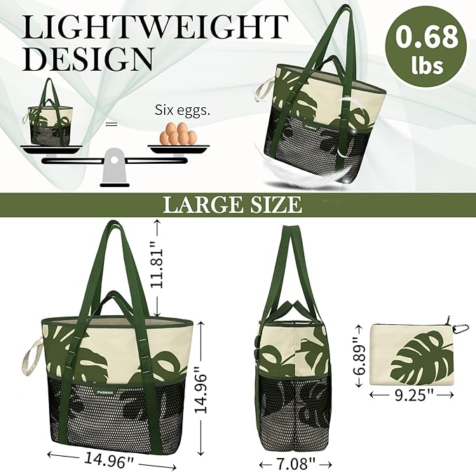 Large Beach Bag with Zipper-8 Pockets Sandproof Beach Tote Bag for Women,Foldable Lightweight Family Swim Bag Vacation