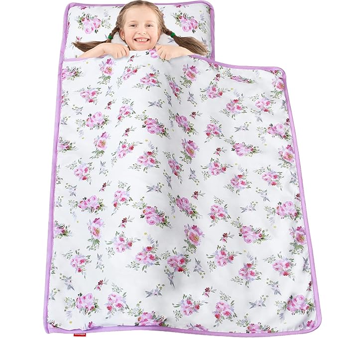 Toddler Nap Mat for Girls Floral, Toddlers Sleeping Mat with Fleece Blanket, Lightweight Perfect for Toddlers Preschool, Daycare, Travel Sleeping Bag, Fit Standard Cot