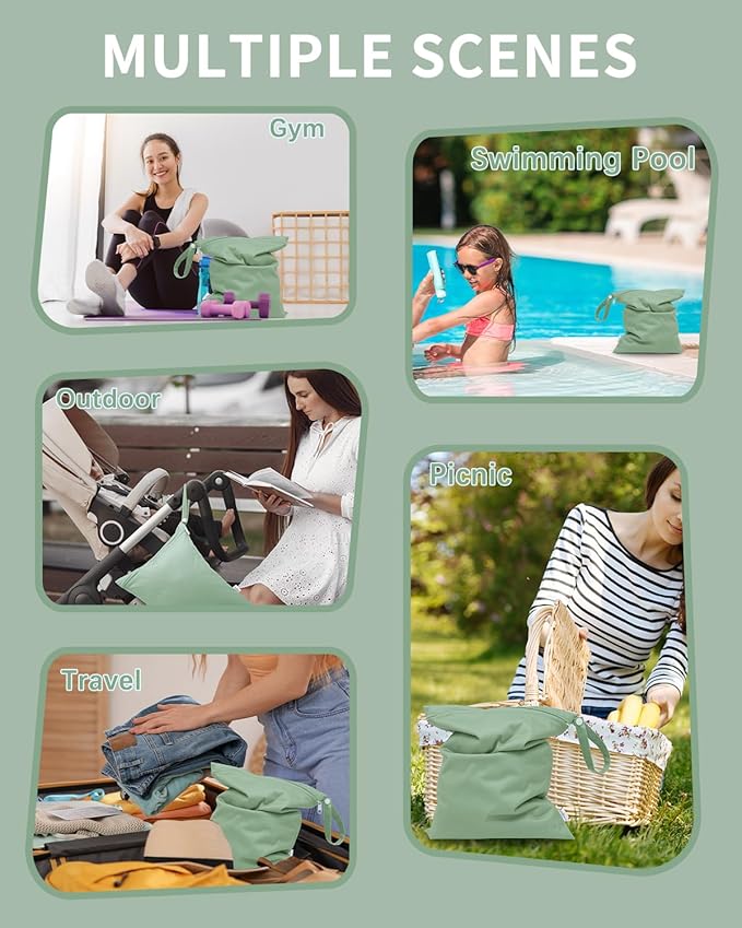 babygoal Wet Dry Bags 2 Pack for Swimsuits, Waterproof Bag for Travel, Food Storage, Stroller, Daycare, Baby Diapers, Yoga, Beach, Pool, Wet Clothes-Bean Green and Lake Blue