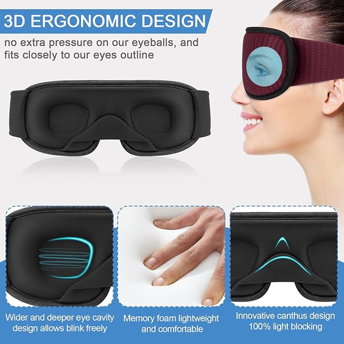 Sleep Mask, Super Soft Eye Mask for Sleeping, Upgraded 100% Blockout Light Sleep Masks for Women with Adjustable Strap, 3D Contoured Cup Eye Covers for Sleeping, Red
