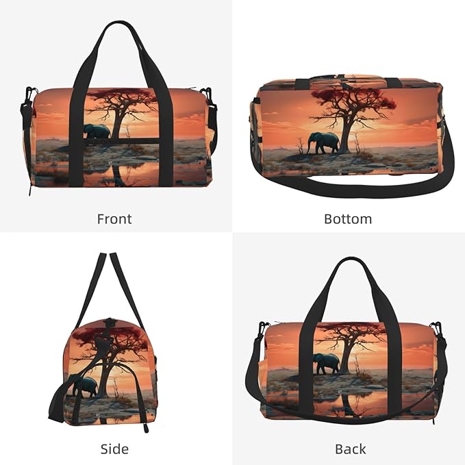 Sports Gym Bag African Elephant Sunset Tree Travel Duffel Bag With Shoe Compartment Shoulder Strap, Lightweight Water-Resistant Weekend Overnight Totes For Women Men