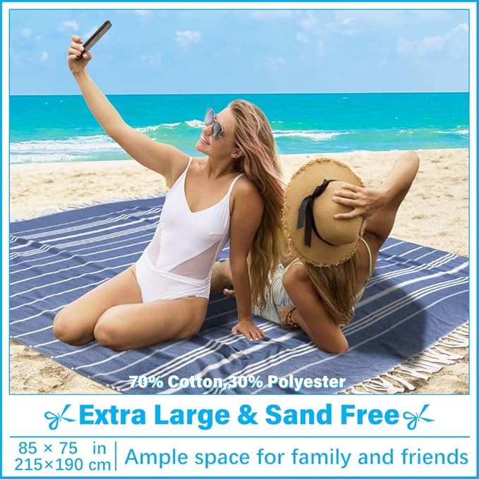 Oversized Turkish Beach Towel Blanket XXL Cotton Sandproof Towels Boho Woven Extra Large Big Sand Free Giant Throw Blankets Huge Quilt XL Picnic Camping Necessities Cloud For Adult Gifts Blue