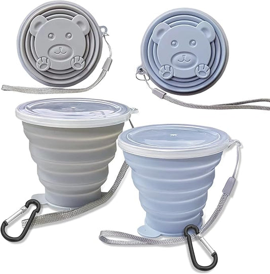 Collapsible Cup, Silicone Collapsible TravelCup, Expandable Folding Camping Drinking Cups with Lids Reusable Small Portable Mugs-Cup for Travel, Camping, Hiking,Outdoor Sports (blue&grey)