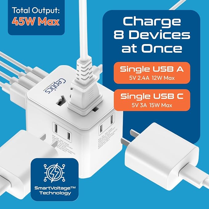 Ceptics Universal Travel Adapter for EU, UK, US, AU and More, 8 in 1 Travel Adapter, 2X US Socket, Universal Socket, 3X USB-C and 2X USB-A, 45W Fast Charge – UP-30KU-WH