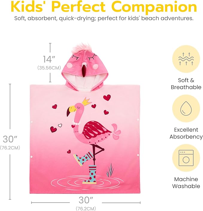 Joiedomi Kids Beach Towels with Hood for Girls Flamingo Hooded Toddler Bath Towel Quick Dry Soft Microfiber 30"x30"