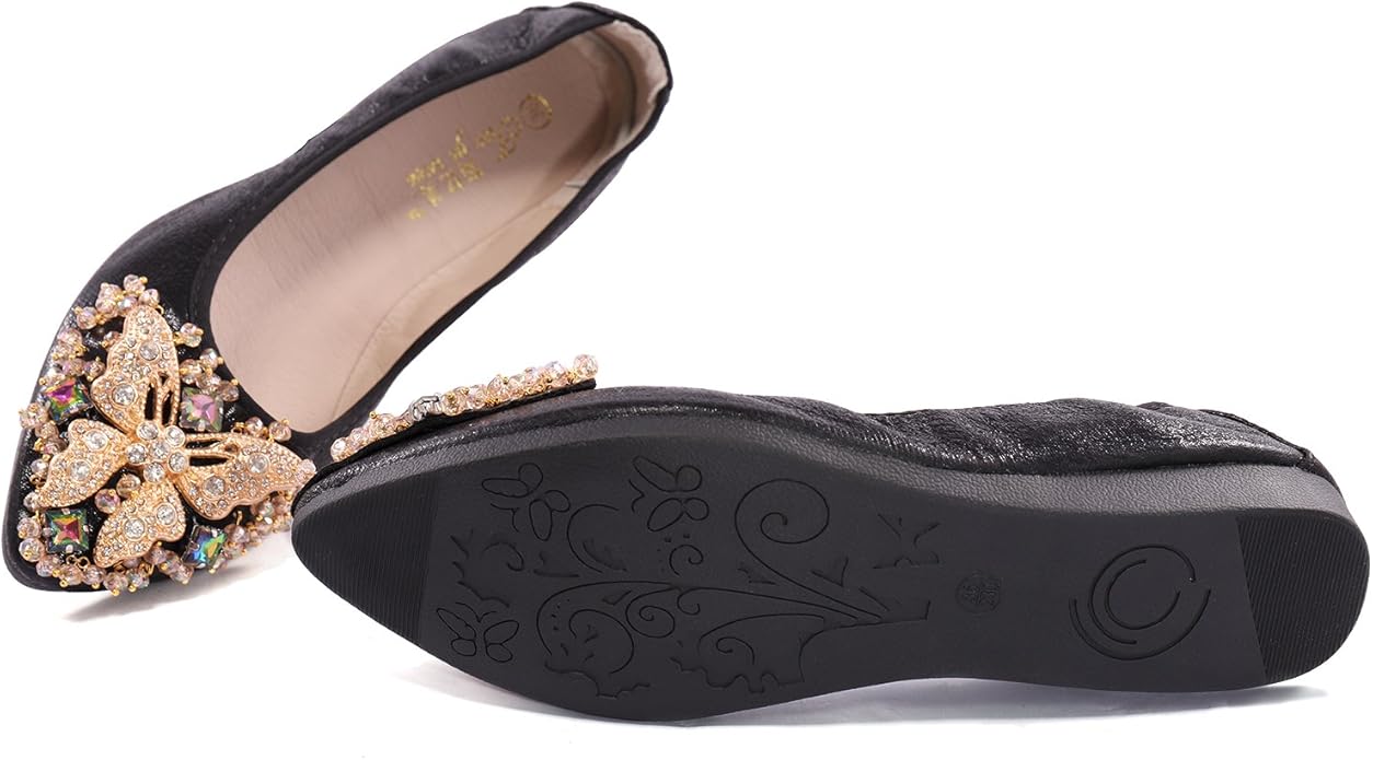 Womens Ballet Flats Foldable Rhinestone Pointed Toe Comfortable Slip on Wedding Flat Shoes Dress Flats for Women