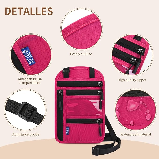 Passport Holder for Travel, RFID Travel Pouch Neck Wallet, Waterproof Passport Wallet for Women and Men, Rose