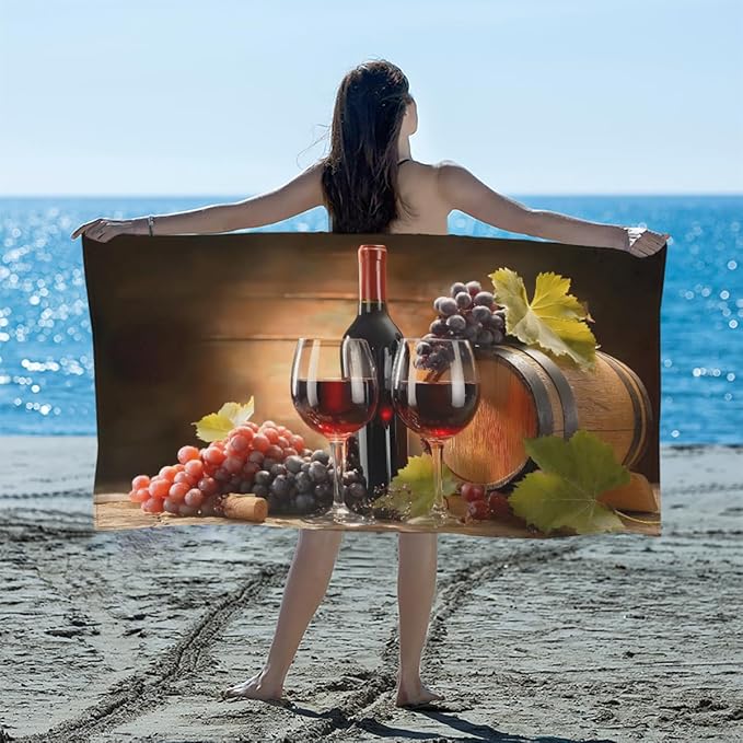 Wine Barrel Fruit Bowl Beach Towel, Large Microfiber Quick Dry Lightweight Pool Bath Towels Sand Free Beach Blanket for Summer Cruise Yoga Camping Travel Vacation Essentials 31 x 61 in