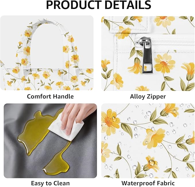 Tote Lunch Bag Women Stylish Quilted Lunch Boxes for Adult Fit and Fresh Cooler Insulated Lunchbox for Work Large 10 Liters Cute Compact Lunchbag Waterproof Yellow Floral