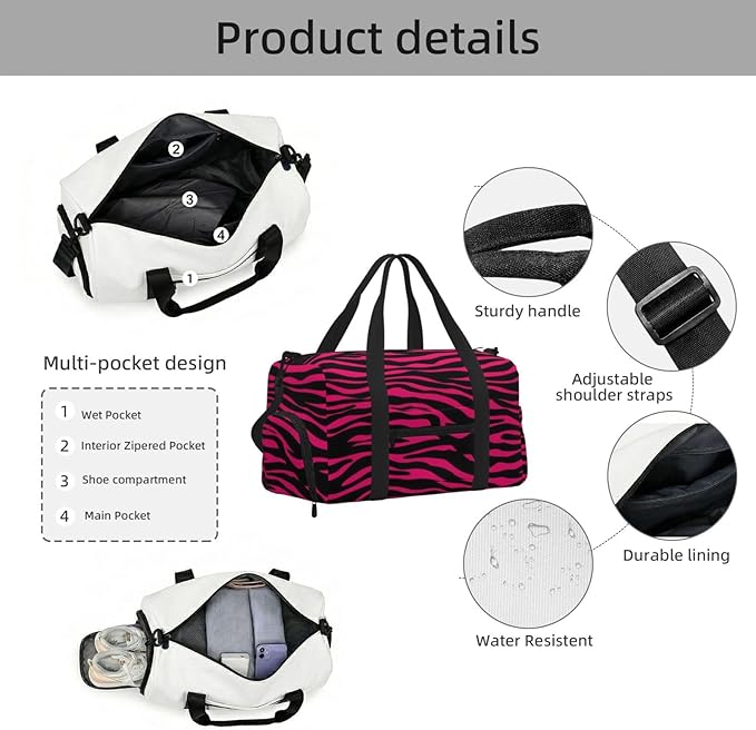Pink Zebra Stripes Sports Gym Bag For Men Women Travel Duffel Bag With Shoe Compartment Water Resistant Gym Bag Carry On Duffel Bag For Yoga Gym Sports Weekend Traveling