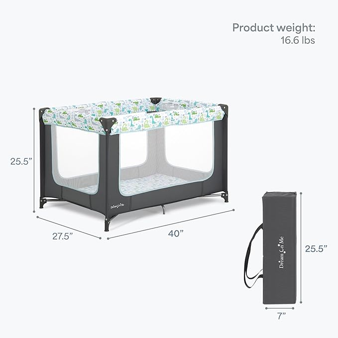 Dream On Me Zodiak Baby Playard, Breathable Mesh Sides, Soft Comfortable Mattress, Quick & Easy to Fold with Travel Carry Bag, Compact Space Saving Design - Grey/Green