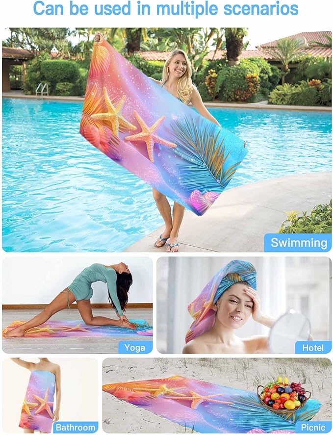 Summer Dreamy Ocean Beach Towel 35" x 71" Starfish Shells Palm Leaves Quick Dry Sand Free Pool Towels Soft & Absorbent Compact Towels Beach Accessories for Travel Bathroom Swimming Pool