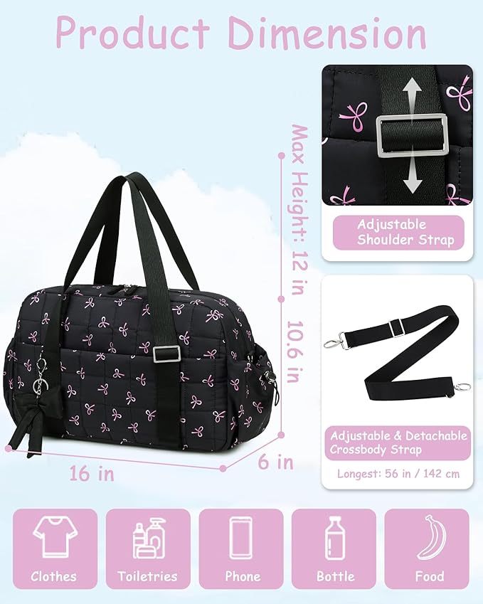 CAMTOP Mini Gym Bag for Women, Small Gym Tote Bag Puffy Quilted Sports Duffel Bag with Wet Compartment and Coin Purse Duffel Bags Dance Yoga Workout Bag for Gifts (Black Bow, Medium-16")