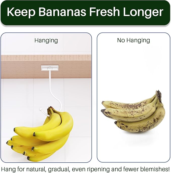 White Banana Hanger Hook Under Cabinet: Adhesive Banana Holder, Foldable with Magnets When Not in Use, Under Counter Banana Hook, Stainless, Hold 13 LB