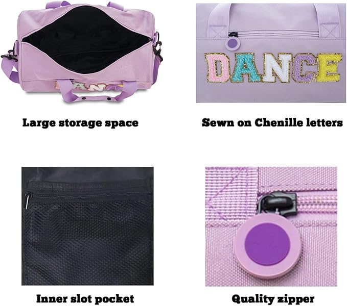 Large Size Dance Bag for Girls Kids Toddler Teens,Purple Ballet Gym Bag with Plush Chenille "DANCE" Letters,Sport Duffle Gym bag for Ballet Class, Sports & Practice 16.5"Lx9"Wx9"H